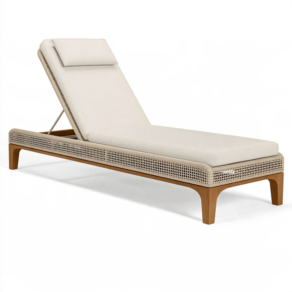 Sonnenliege 200 x 70 x 35 cm Holz Geflecht Creme Naturbraun mit verstellbarer Rückenlehne