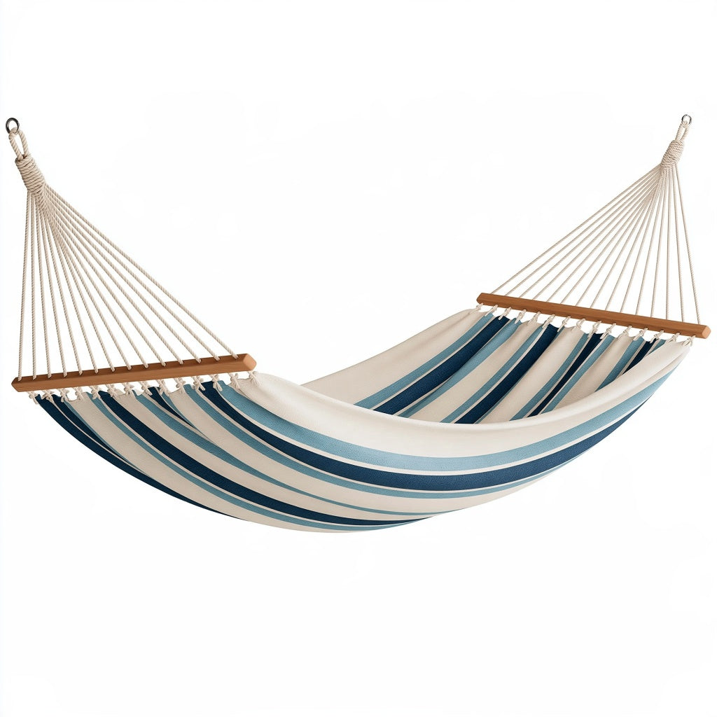 Hängematte 300 x 150 cm aus Textilgewebe in Beige Blau mit Holzspreizstäben für Innen und Außen