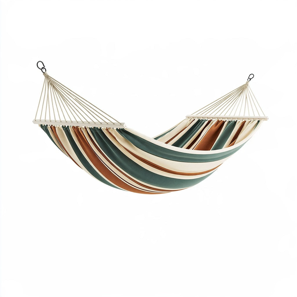 Hängematte 300 x 150 cm Textilgewebe Grün Beige Braun mit Holzspreizstäben für Garten und Balkon