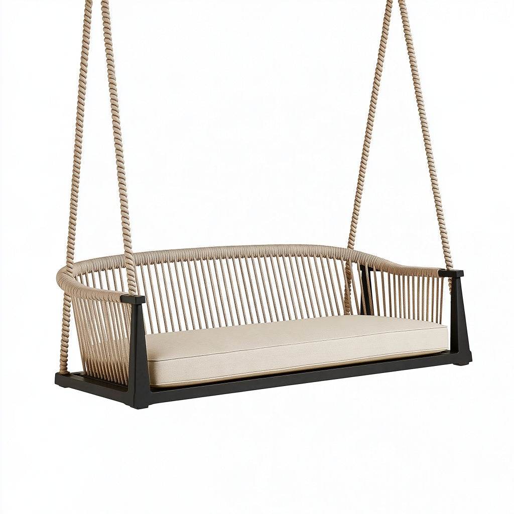Hängeschaukel 180 x 70 x 55 cm mit Metallgestell Seilgeflecht Beige Schwarz für Garten