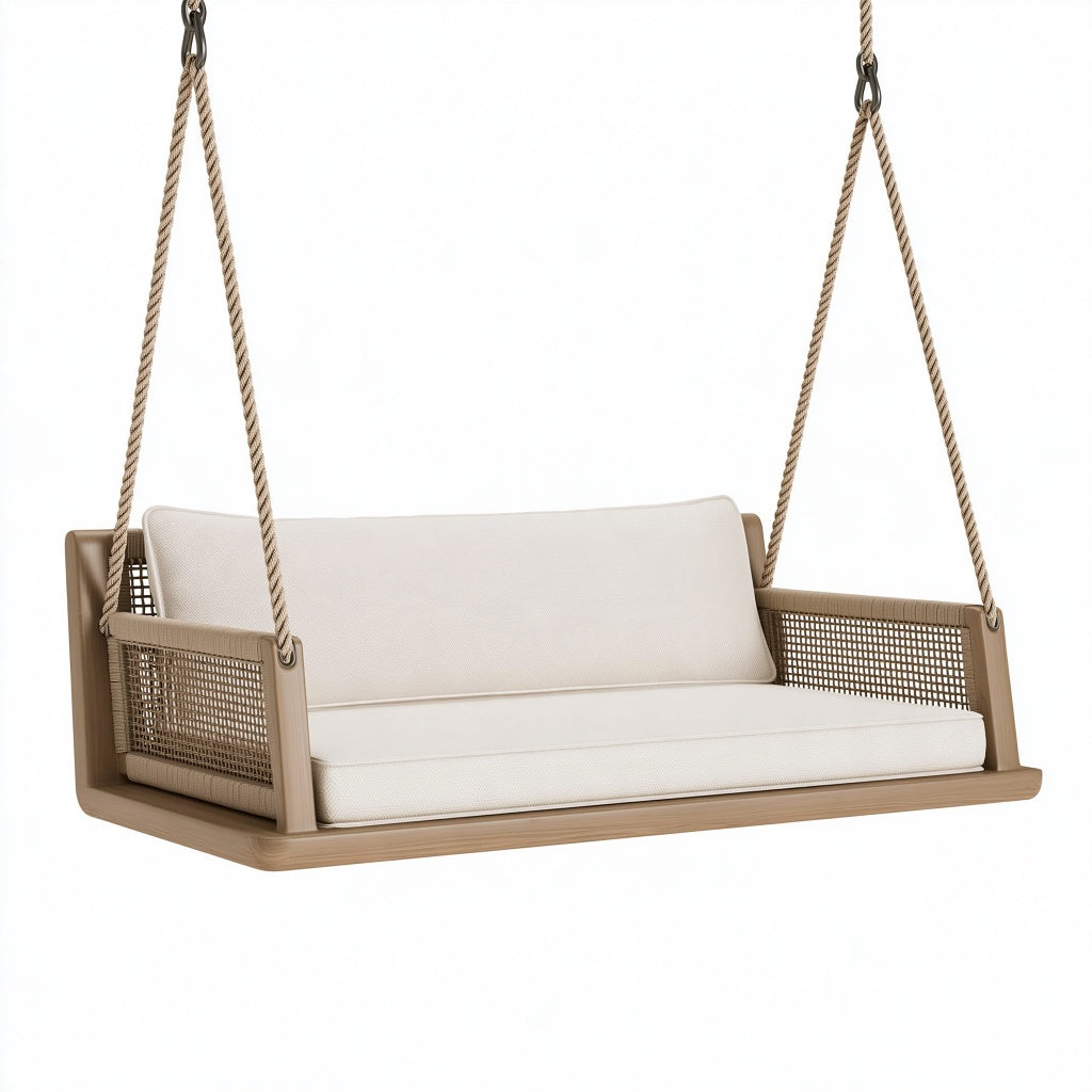Hängeschaukel 150 cm aus Holz in Naturbeige mit Seilaufhängung für den Außenbereich