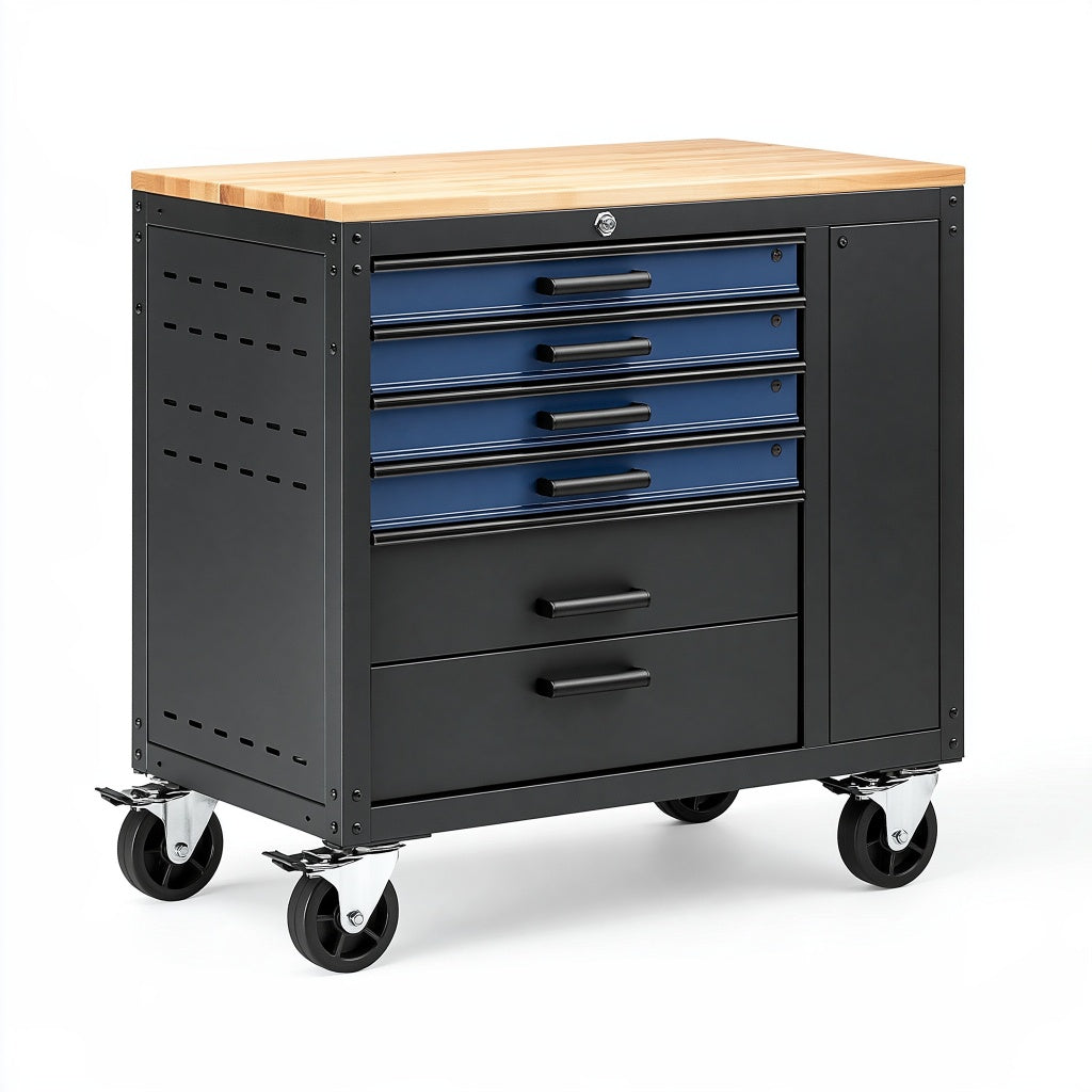 Werkzeugwagen 80 x 50 x 90 cm Stahl Holz Schwarz Blau mit 6 Schubladen