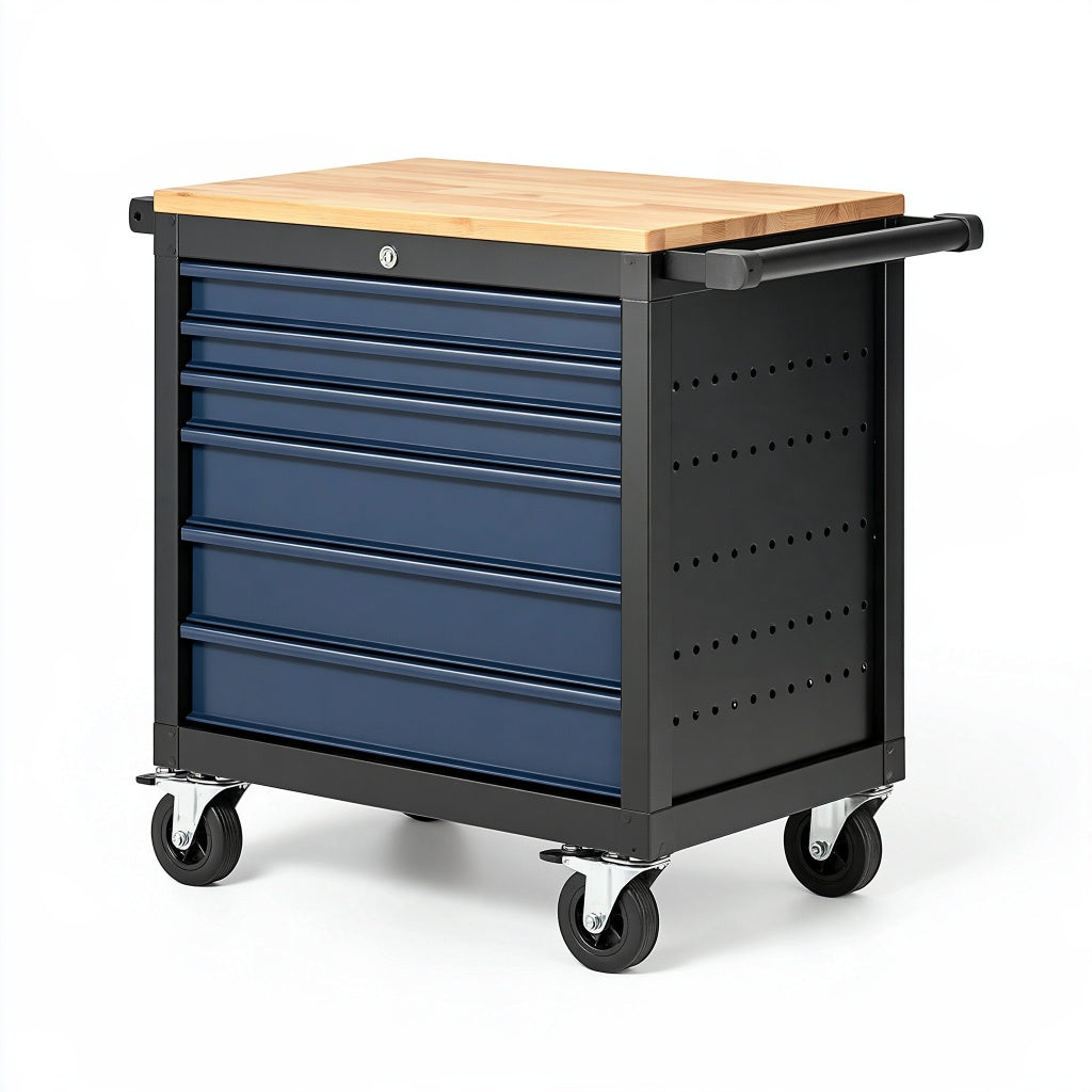 Werkzeugwagen 77 x 46 x 95 cm aus Stahl und Holz Schwarz Blau mit 6 Schubladen