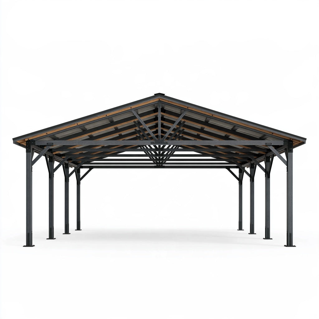 Doppelcarport 600 x 600 x 300 cm aus Stahl und Holz in Schwarz Braun mit Satteldach