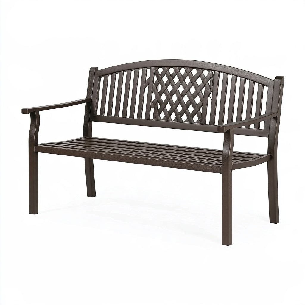 Gartenbank 122 cm Metall dunkelbraun mit Armlehnen klassisches Flechtdesign