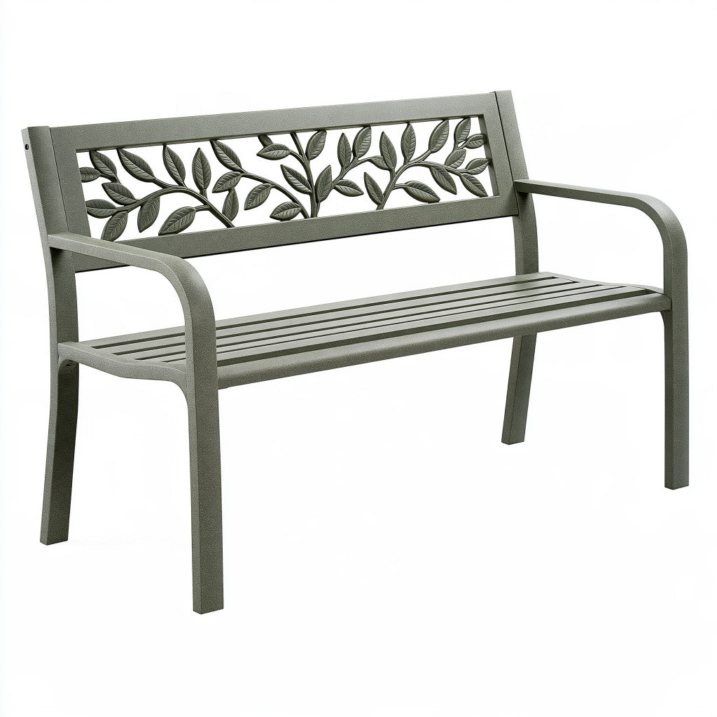 Gartenbank 120 x 60 x 85 cm Metall Grau mit Blattmotiv